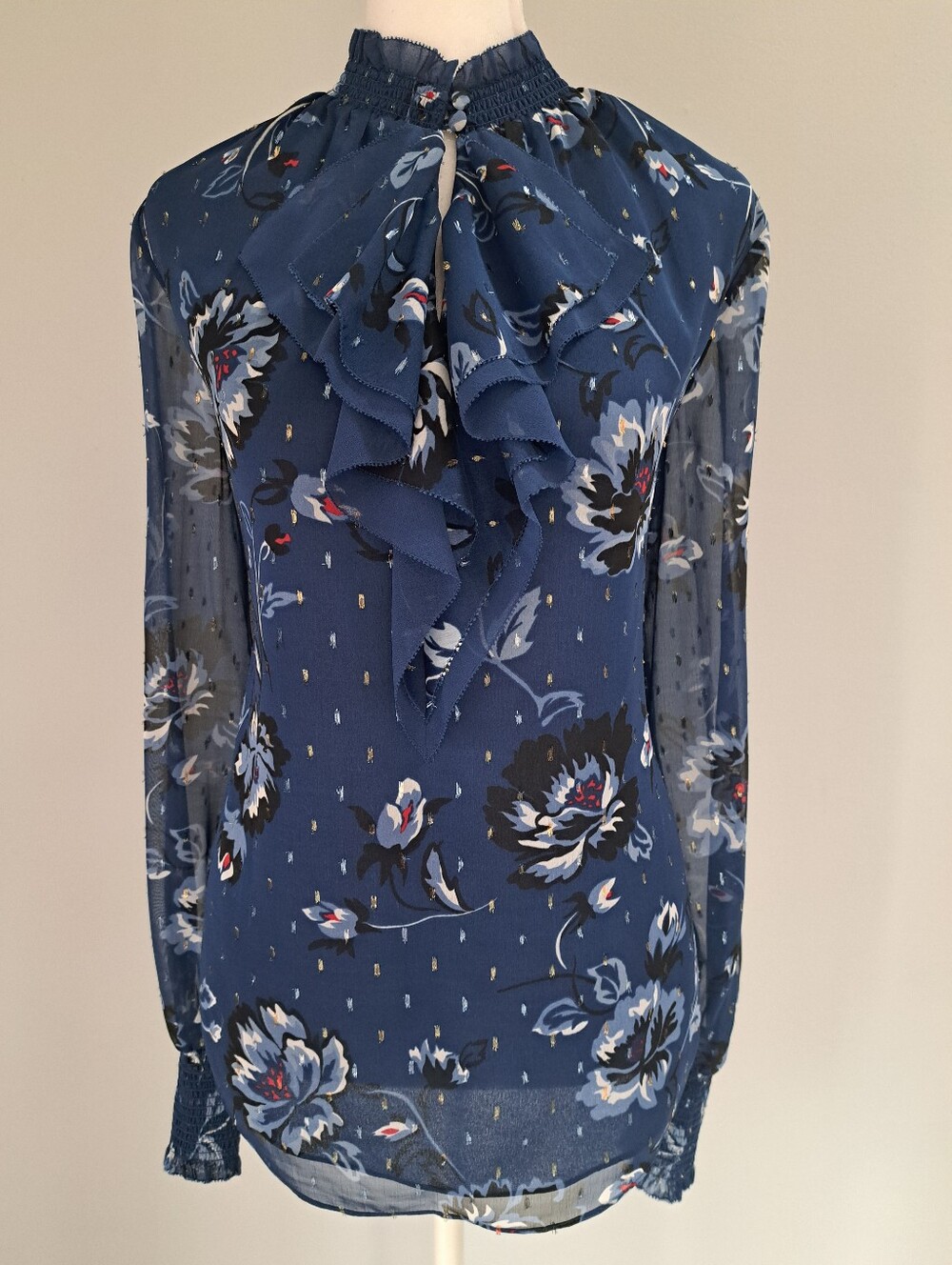 NWT WHBM Navy Floral Ruffle-Neck Blouse - Women Lurex